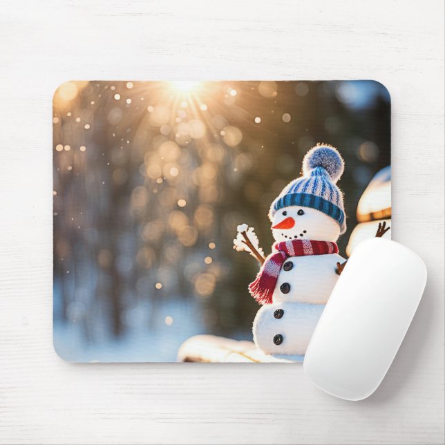 Winter Snowman On a Park Bench Mouse Pad (With Mouse)