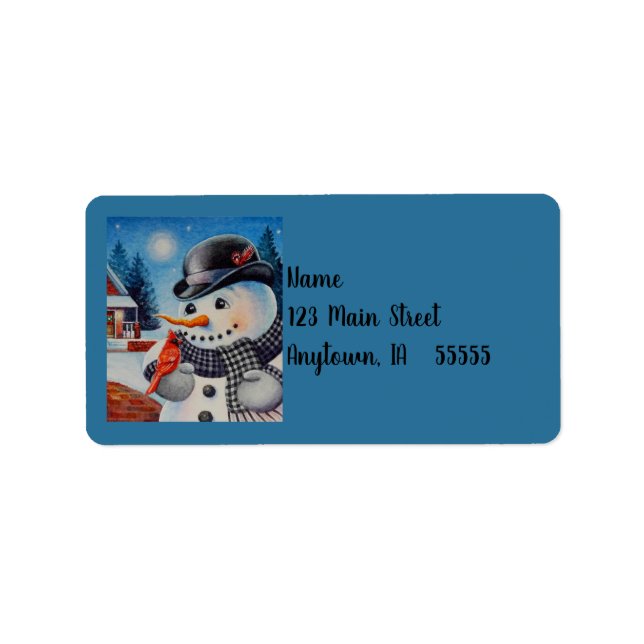 Winter Snowman & Red Cardinal Bird Watercolor Art Label (Front)
