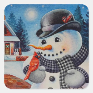Winter Snowman & Red Cardinal Bird Watercolor Art Square Sticker