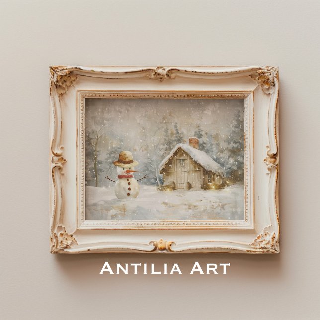 Winter Snowman Scene Painting Rustic Christmas Poster (Creator Uploaded)
