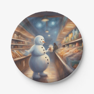 Winter Snowman shopping with coffee birthday party Paper Plate