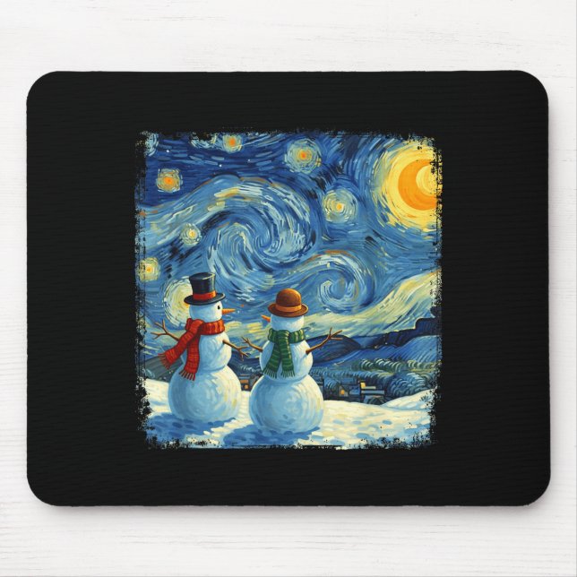 Winter Snowman Van Gogh Starry Night Christmas  Mouse Pad (Front)