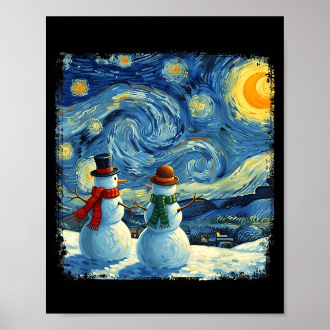 Winter Snowman Van Gogh Starry Night Christmas  Poster (Front)