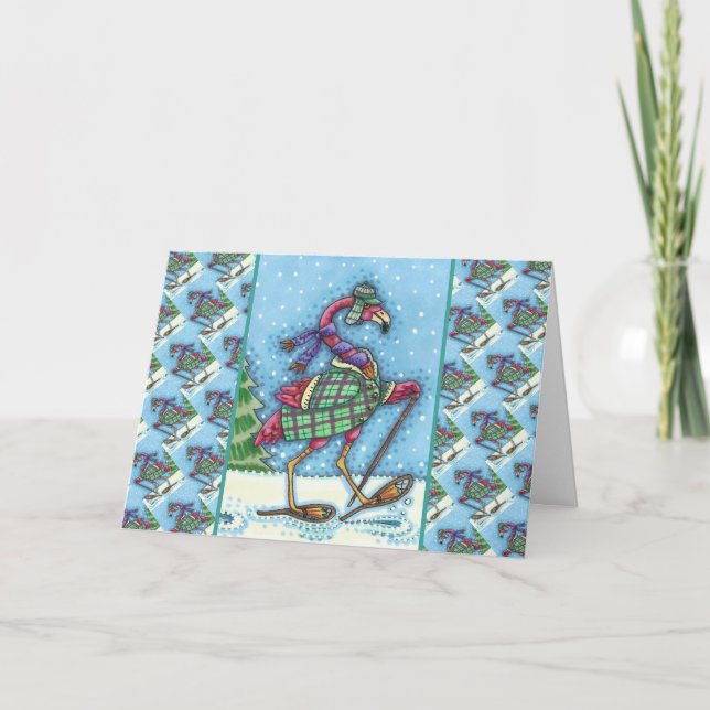 WINTER SNOWSHOES & COAT PINK FLAMINGO TREKKING HOLIDAY CARD (Front)