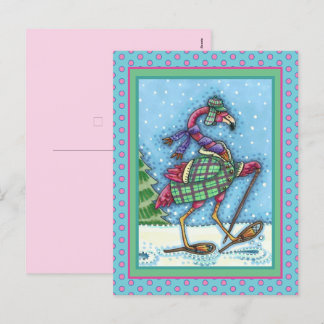 WINTER SNOWSHOES & COAT PINK FLAMINGO TREKKING HOLIDAY POSTCARD