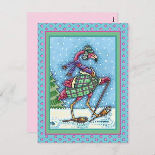 WINTER SNOWSHOES & COAT PINK FLAMINGO TREKKING HOLIDAY POSTCARD (Front/Back)