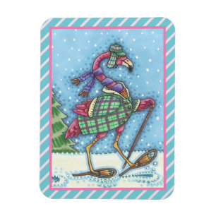 WINTER SNOWSHOES, PINK FLAMINGO CHRISTMAS MAGNET