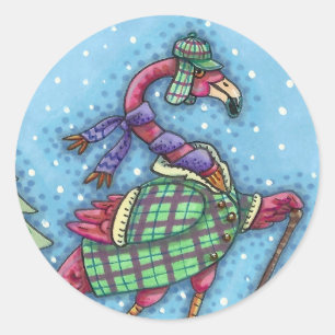 WINTER SNOWSHOES, PINK FLAMINGO, CUTE CHRISTMAS CLASSIC ROUND STICKER
