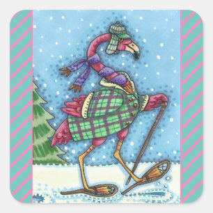 WINTER SNOWSHOES, PINK FLAMINGO, CUTE CHRISTMAS SQUARE STICKER