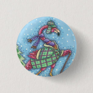 WINTER SNOWSHOES PINK FLAMINGO HOLIDAY BUTTON