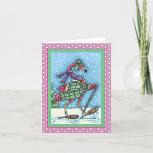 WINTER SNOWSHOES, PLAID COAT PINK FLAMINGO Blank Holiday Card