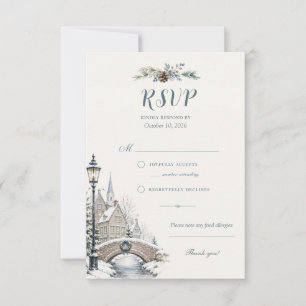Winter Snowy Bridge Quaint Village Vintage Wedding RSVP Card