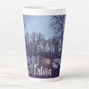 Winter snowy city park in the evening latte mug