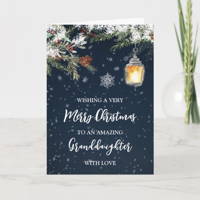Winter Snowy Night Granddaughter Merry Christmas Card (Front)