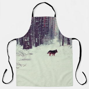 Winter snowy pine forest, dog walking in the fores apron