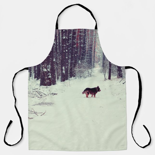 Winter snowy pine forest, dog walking in the fores apron (Front)