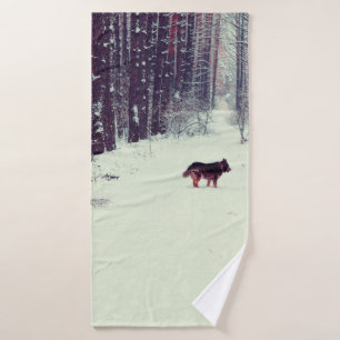 Winter snowy pine forest, dog walking in the fores bath towel