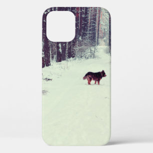 Winter snowy pine forest, dog walking in the fores iPhone 12 case