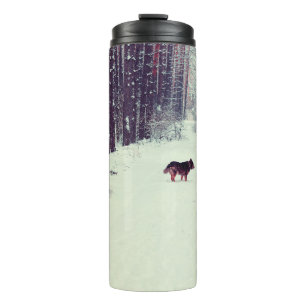 Winter snowy pine forest, dog walking in the fores thermal tumbler