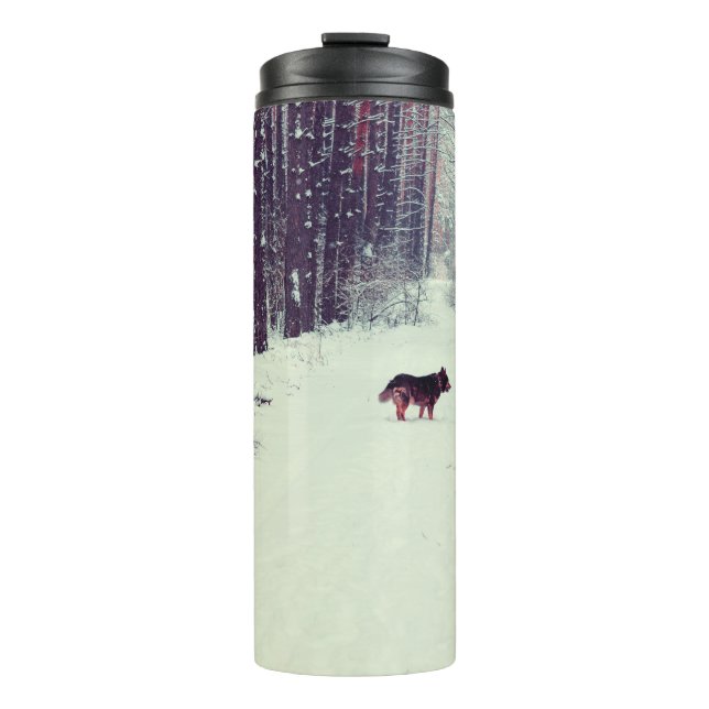 Winter snowy pine forest, dog walking in the fores thermal tumbler (Front)