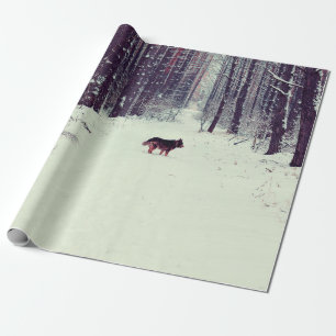 Winter snowy pine forest, dog walking in the fores wrapping paper