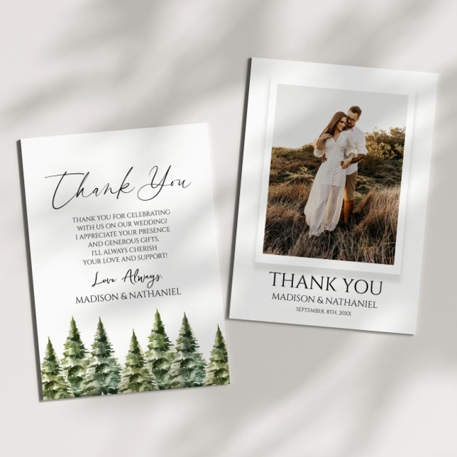 Winter Snowy Pine Tree Custom Photo Wedding Thank You Card (Creator Uploaded)