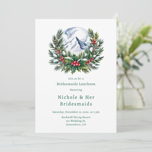 Winter Snowy Pine Wreath Bridesmaids Luncheon Invitation (Standing Front)
