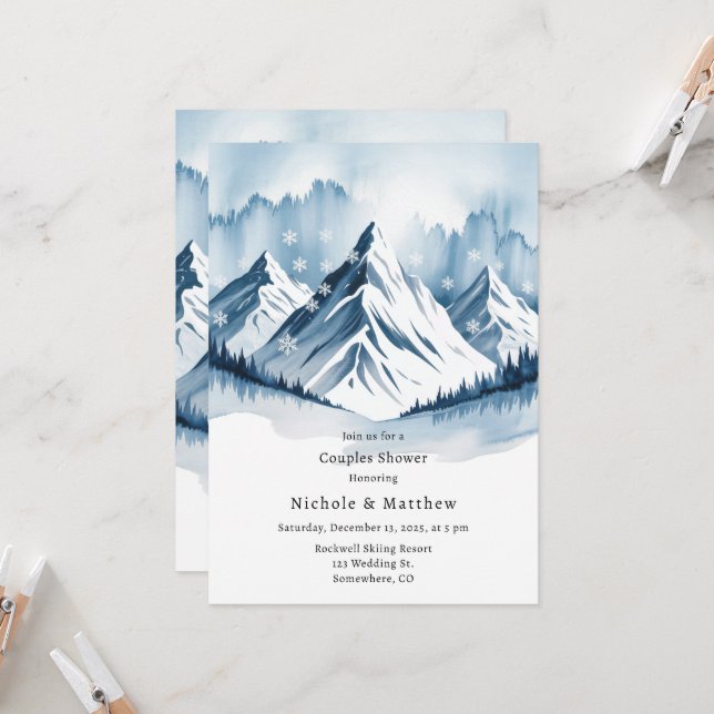 Winter Snowy Pine Wreath Couples Shower Invitation (Front/Back In Situ)