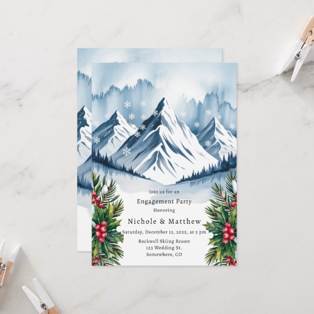 Winter Snowy Pine Wreath Engagement Party Invitation (Front/Back In Situ)