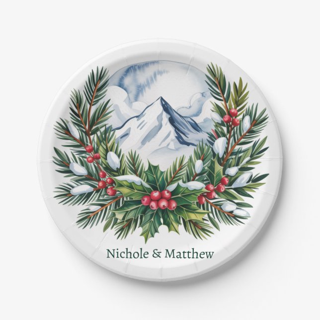 Winter Snowy Pine Wreath Wedding Paper Plate (Front)