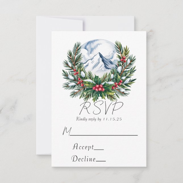 Winter Snowy Pine Wreath Wedding RSVP Card (Front)