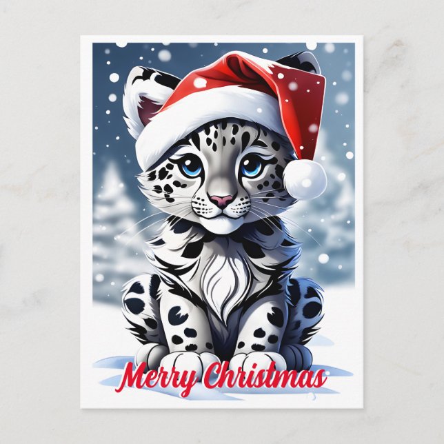 Winter Snowy Santa Cute Snow Leopard Cub Christmas Postcard (Front)