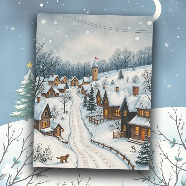 Winter Snowy Village Scene Serene Peaceful Town Postcard (Snowy village scene on nostalgic Winter postcard, charming old fashioned town with peaceful street)