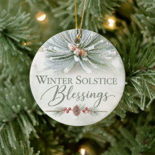 Winter Solstice Blessings Frosty Evergreens Ceramic Ornament