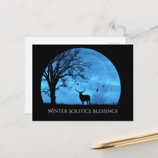Winter Solstice Blessings Oak Tree Moon Elk Postcard (Front/Back In Situ)