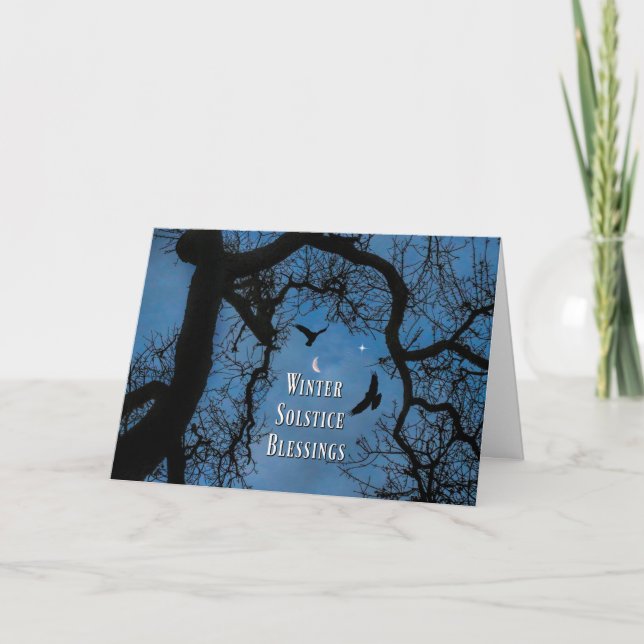 Winter Solstice Blessings Raven Moon and Oak Tree Card (Front)