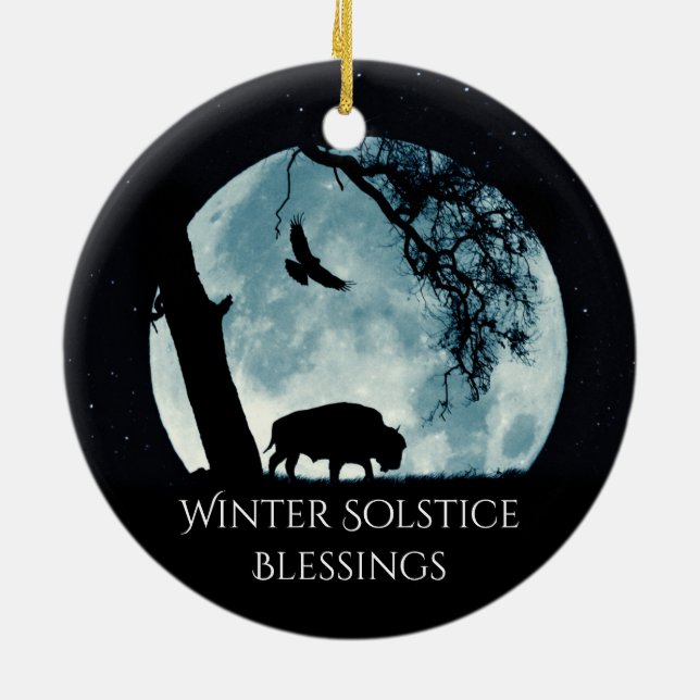 Winter Solstice Buffalo Moon and Raven  Ceramic Ornament (Back)