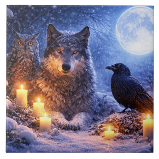 Winter Solstice Candles Wolf Raven and Owl Ceramic Tile