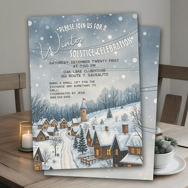 Winter Solstice Charming Snowy Village Cosy Party Invitation (Winter Solstice party invitation with charming snowy village scene for cozy holiday celebration.)