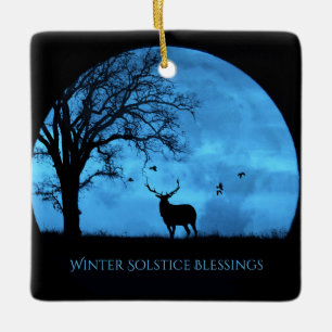 Winter Solstice Elk and Moon Blessings Ceramic Ornament