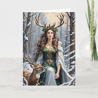 Winter Solstice Goddess & Deer in the Forest Holiday Card