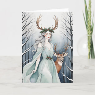 Winter Solstice Goddess & Deer in the Forest Holiday Card