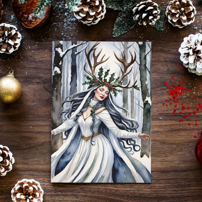 Winter Solstice Goddess in the Forest Holiday Card (Winter Solstice Yule Goddess in a snowy forest)