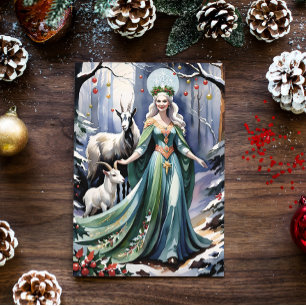 Winter Solstice Goddess Yule Goats in Forest Holiday Card