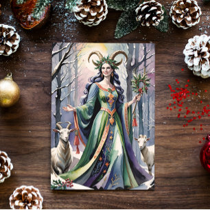 Winter Solstice Goddess Yule Goats in Forest Holiday Card