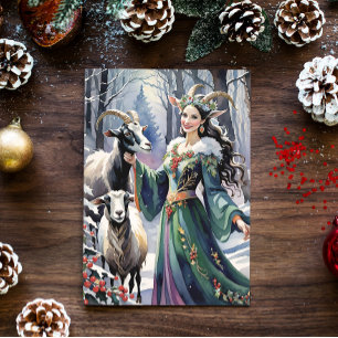 Winter Solstice Goddess Yule Goats in Forest Holiday Card