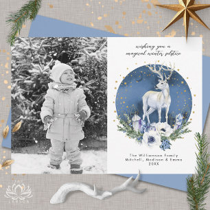 Winter Solstice Holiday Deer Blue Christmas Photo Card