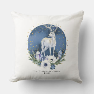 Winter Solstice Holiday Deer Blue White Christmas Cushion