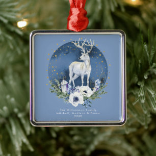 Winter Solstice Holiday Deer Blue White Christmas Metal Ornament