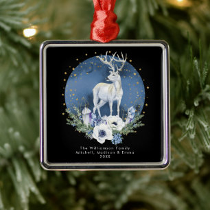 Winter Solstice Holiday Deer Blue White Christmas  Metal Ornament